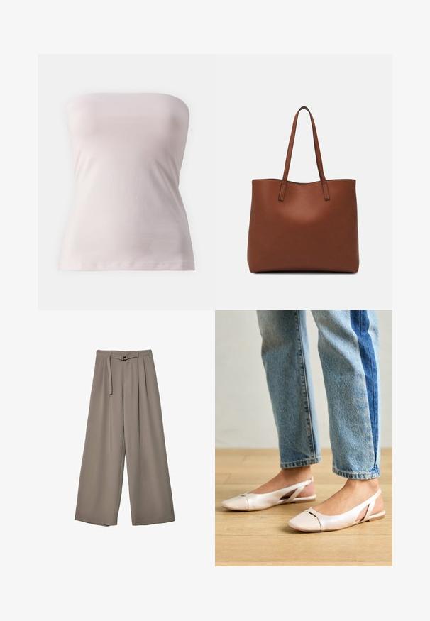 Top brez naramnic iz mehkega svetlo rožnatnega blaga, prilegajoč načrt z gladko teksturo in preprosto silhueto, z ravnim rezom na robu.; Široke hlače iz mehke, umirjene sive tkanine, z pasom, ki ga je mogoče zavezati, in z gubami za dodatne oblikovne podrobnosti. Gladka tekstura, brez vzorcev.; Svijetloružičaste slingback balerinke s šiljastim nožnim prstima, napravljene od glatkog materijala nalik koži. Imaju izrezane detalje sa strane i ravne pete.; Rjava usnjena torba z gladko teksturo, odprto zasnovo zgoraj in dvema naramnima trakovoma. Opremljena je z minimalnim šivanjem in brez vidnih kovinskih delov.