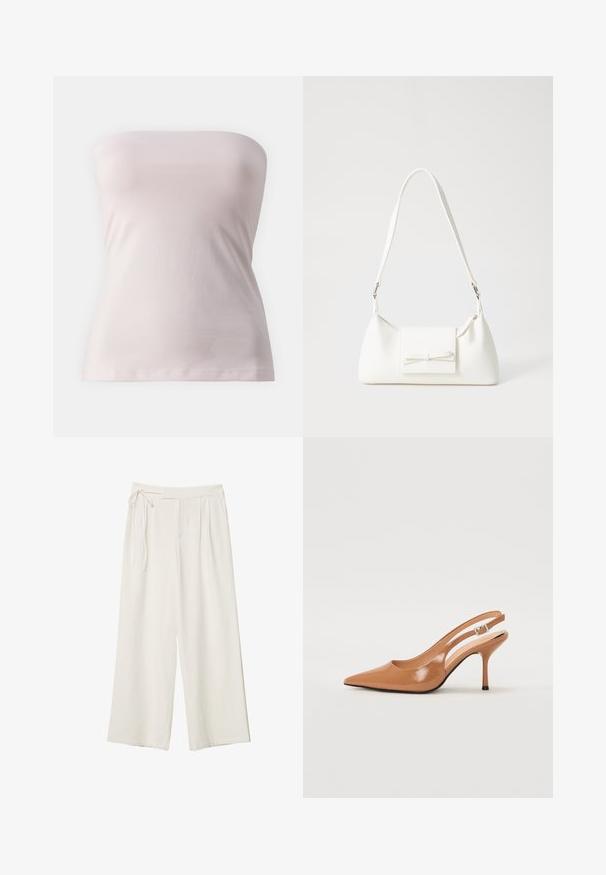Top bez ramiączek w miękkim, jasnoróżowym materiale, dopasowany krój o gładkiej fakturze i prostym sylwetce, z prostym cięciem na dole.; Spodnie o szerokich nogawkach w off-white z gładkiego materiału. Posiadają wiązany pas i plisowany przód, zaprojektowane z myślą o luźnym kroju.; Sandały na obcasie z kwadratowym noskiem, wykonane z gładkiego, błyszczącego materiału w kolorze brązowym. Charakteryzują się zaokrąglonym wycięciem i smukłym obcasem typu stiletto. Detal w postaci srebrnej klamry.; Biała syntetyczna torba o trójkątnym kształcie, płaskim przednim klapce i detalach w postaci kokardy, regulowanym pasku, gładkiej fakturze oraz minimalistycznym designie.