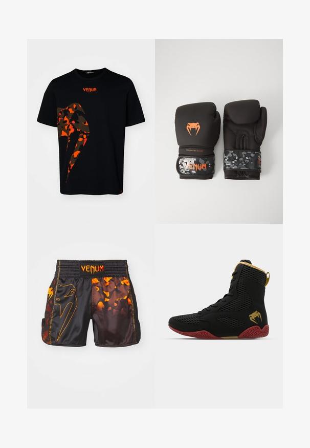 Black cotton t-shirt featuring a large red and brown camo design on the front and "VENUM" logo in red at the neckline. Short sleeves.; Black and orange Venum shorts featuring a glossy finish, contrasting camo patterns, and an elastic waistband with logo detail.; High-top athletic shoe with black mesh and synthetic material, textured accents, red rubber sole, and gold detailing on the ankle.; Black boxing gloves with a matte finish and ergonomic design. Orange logo detailing and camouflage-patterned wrist straps.