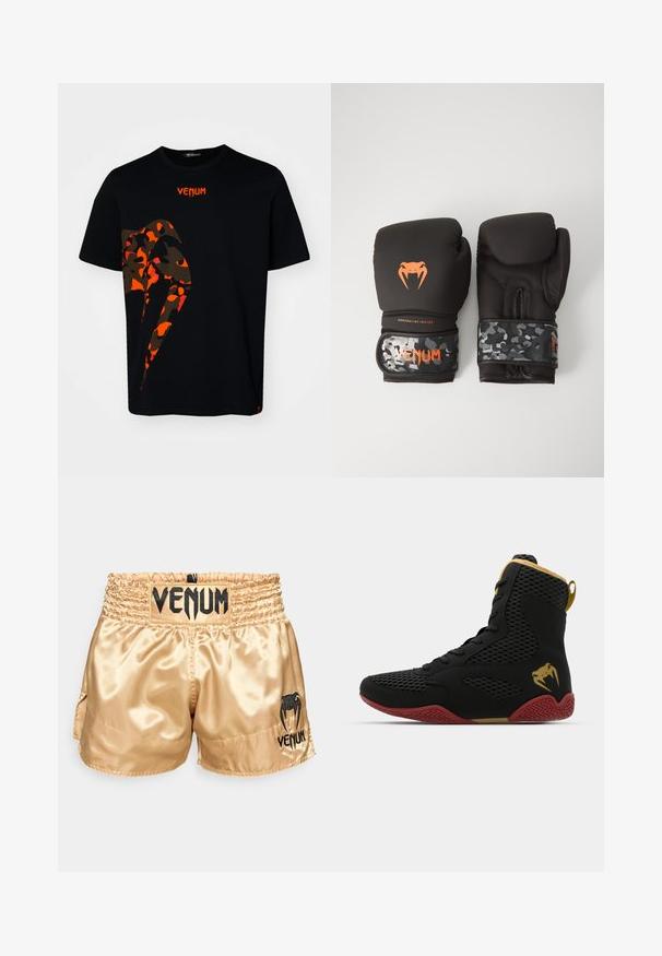 Mustmust väike must T-särk, millel on ees suur punane ja pruun kamoflaažimuster ning kaela piirkonnas punane "VENUM" logo. Lühikesed varrukad.; Kuldne satiinist poksipingid musta "VENUM" logoga vööl ja külgedel, millel on sile tekstuur ja elastne vöö, et tagada mugavus.; Korkeatutine sportlik king, musta võrkkangaga ja sünteetilisest materjalist, tekstuursete detailidega, punase kummitaldiga ja kuldsete aktsentidega pahkluu piirkonnas.; Mustavad krossimise kinnased, millel on mati viimistlusega ja ergonoomiline disain. Oranž logo detail ja kamuflaažimuster randmetrasside peal.