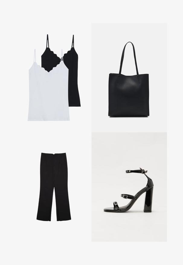 Två linnen i svart och vitt, tillverkade av mjukt tyg, med vågiga kanter och tunna justerbara band.; Svarta byxor med rak passform, utrustade med framfickor och sidoklyvningar vid fållen. Tillverkade av mjukt, slätt tyg. Lämpliga för olika tillfällen.; Svarta lackerade klacksandaler med fyrkantig tå, ankelremmar och silverfärgade spännen. Har en kraftig blockklack för stabilitet.; Svart lädertoffelväska med slät textur, rektangulär form och två långa handtag. Ingen synlig hårdvara eller dekorationer.