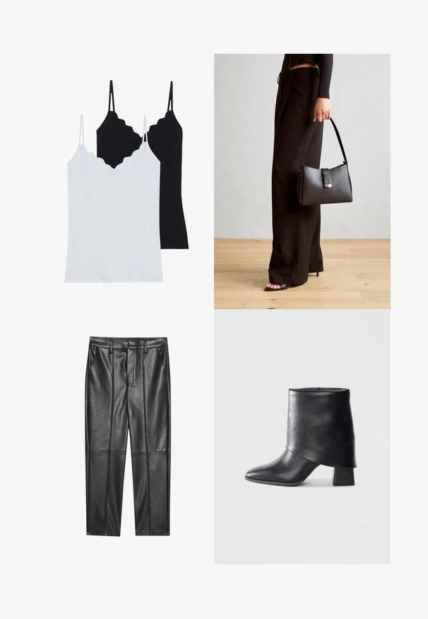 Due top in camicia, uno nero e uno bianco, realizzati in tessuto morbido, con bordi scallop e spalline sottili e regolabili.; Pantaloni in pelle nera con una texture liscia, caratterizzati da un fit dritto, due tasche frontali e dettagli delle cuciture in evidenza.; Stivale in pelle nera alla caviglia con punta affusolata, texture liscia e tacco a blocco strutturato. Presenta un design con risvolto alto.; Borsa nera con forma strutturata, texture liscia e una chiusura metallica. Abbinata a pantaloni neri larghi e sandali open-toe su un pavimento in legno.