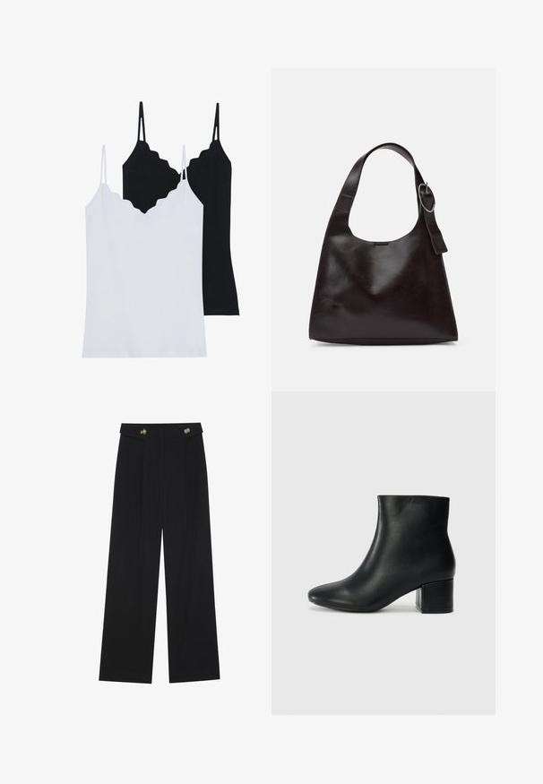 Two camisole tops in black and white, made of soft fabric, featuring scalloped edges and thin adjustable straps.; Black wide-leg trousers with high waist, button details on waistband, and front pleats.; Black leather ankle boots with a pointed toe and a chunky heel. Smooth texture with minimal accents and a sleek, fitted design.; Brown leather shoulder bag with a smooth texture, rounded shape, wide strap, and circular metallic accent on the handle.