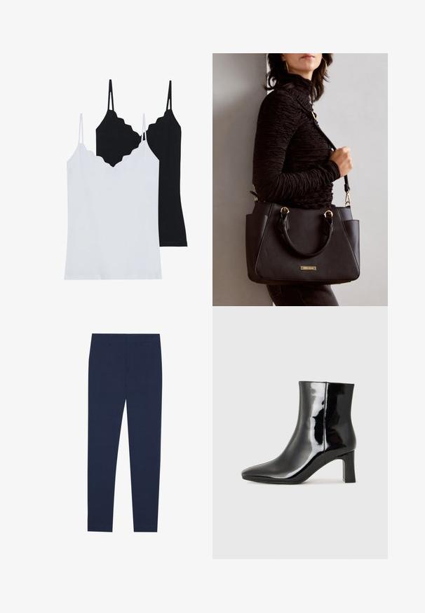 Duas blusas de alças em preto e branco, feitas de um tecido suave, com bordas em forma de ondas e alças finas ajustáveis.; Calças azul-marinho feitas de um tecido suave, com um design de perna reta e frente lisa. Sem padrões ou detalhes visíveis.; Botim de tornozelo em pele sintética preta com bico apontado e salto bloco de altura média. Textura suave e design minimalista.; Bolsa preta com superfície texturizada, alças superiores duplas e alça de ombro ajustável. Apresenta ferragens em tom dourado e bolsos laterais.