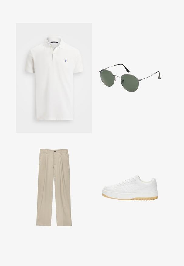 Vit kortärmad polo t-shirt med två knappar och en liten marinblå polo-spelare logo på vänster bröst.; Beiga byxor med rak passform, utrustade med en enda svart knapp, bältesöglor och sidofickor. Slät tygkänsla och minimalistisk design.; Vit lädersneaker med en texturerad yta, som har en gummisula, snördesign och subtila randaccenter på sidorna.; Metallinramade solglasögon med ovala gröna linser. Tunn silvermetallram och svarta öronpluggar. Minimalistisk design, inga synliga logotyper.