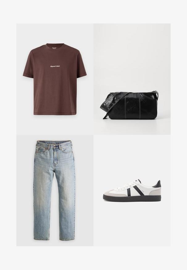 Brown cotton T-shirt with a crew neck. Features short sleeves and a central embroidered text saying "Original Studio" in white.; Light blue denim jeans with high waist, front button, zipper, and five-pocket design, laid flat on a neutral background.; White sneaker with black and gray accents, featuring a textured gray toe cap, black rubber sole, and flat white laces. Clean design, minimalist style.; Black leather shoulder bag with a zip closure, featuring a textured body, white stitching, and a strap with silver grommets.