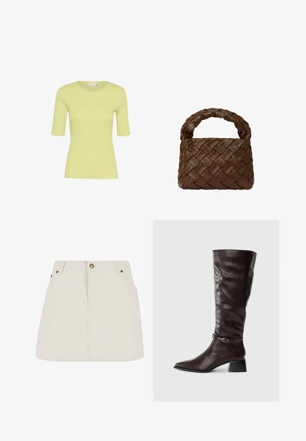 Kurzärmeliges Oberteil in hellgrün, aus weichem, elastischem Stoff. Verfügt über einen runden Ausschnitt und ein schlichtes Design, geeignet für die legere Freizeitkleidung.; Denim-Minirock in hellem Beige mit hoher Taille, zwei Fronttaschen und bronzefarbenen Knopfakzenten. Glatte Textur und schlichtes Design.; Hohe, dunkelbraune Lederstiefel mit spitzem Zehenbereich, schmalem Schnallenriemen um den Knöchel und niedrigem Blockabsatz vor weißem Hintergrund.; Braune geflochtene Lederhandtasche mit einem geflochtenen Griff, rechteckiger Form, strukturiertem Oberflächen und nahtloser Verarbeitung.