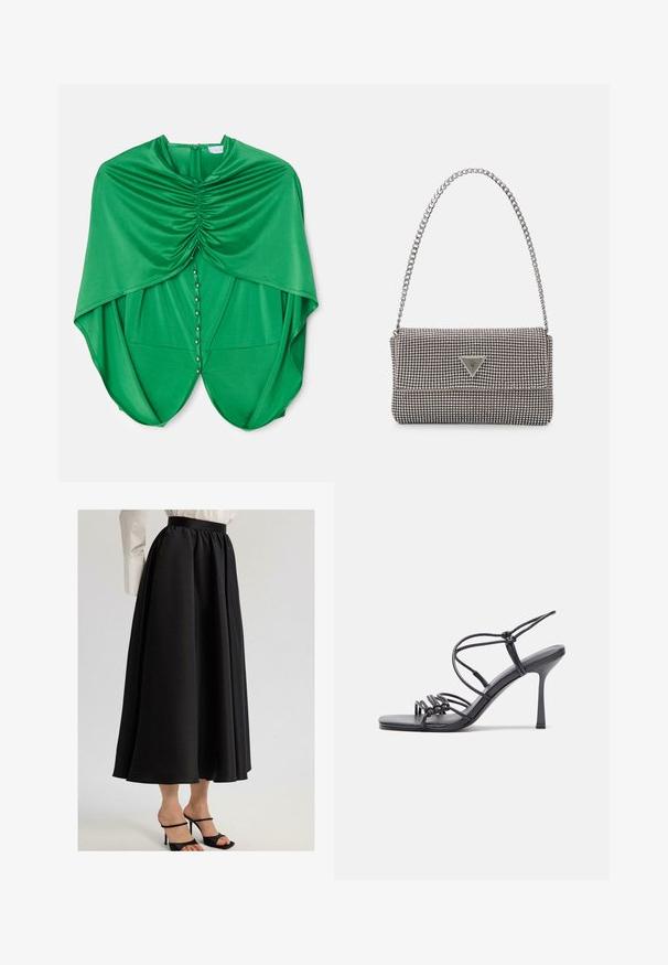 Zielona bluzka z drapowanym wzorem, z marszczonym materiałem przy dekolcie, zapięcie na zatrzask z przodu i zwiewnymi rękawami.; Czarna długa spódnica z gładkiego materiału, z marszczonym pasem i swobodnym krojem, w połączeniu z czarnymi sandałami na cienkich obcasach.; Czarne sandały na wysokim obcasie mają cienkie paski z węzłowym wzorem, gładki, kwadratowy czubek i smukły obcas w stylu szpilki.; Jasnoszara metaliczna torebka na łańcuszku, ozdobiona małymi okrągłymi metalowymi ćwiekami oraz trójkątnym logo marki.; Złote kolczyki w kształcie obręczy z teksturowanym fasonem i trzema przezroczystymi kryształkami po jednej stronie, oferujące nowoczesną, geometryczną estetykę.