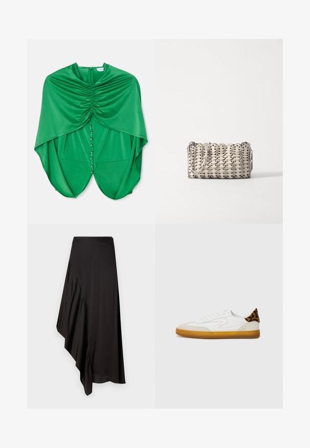 Blusa verde con design drappeggiato, caratterizzata da tessuto arricciato al collo, chiusura con bottoni a pressione sul fronte e maniche fluide.; AERON ASTER SKIRT - Gonna a tubino - black; Sneaker bianca con upper in suede e pelle texture, con un accento in stampa leopardata sul tallone e suola in gomma naturale.; Rabanne BAG - Borsa a mano - cream/silver