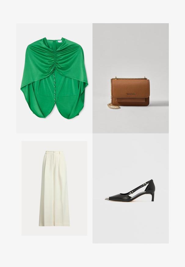 Žalia bluzelė su drapiruotu dizainu, turinti susikaupusį audinį kaklo srityje, priekinį užsegimą su spaustuku ir laisvai krentančias rankoves.; Kreminės spalvos plataus kirpimo kelnės iš lygaus audinio, su aukštu liemeniu, dviem priekinėmis klostėmis ir vienu mygtuko užsegimu.; Juodos odos bateliai su žemu kulniuku, smailiu sidabro spalvos pirštinės gaubtu ir dvigubais dirželiais, ant balto fono.; Ruda tekstūruota odinė per petį nešama rankinė su auksiniu grandininiu dirželiu ir užlenkiamo užsegimo. Priekinėje pusėje yra logotipo detalė ir kišenė po užlenkimu.