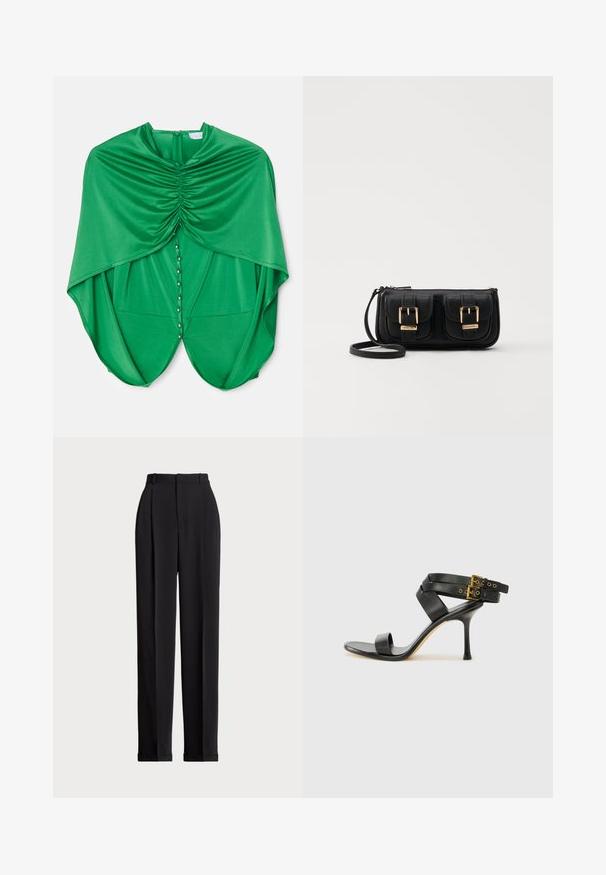 Zaļa blūze ar drapētu dizainu, kurai ir saburzīts audums pie kakla, priekšpuses slēdzams ar spiedpogu un plūstošas piedurknes.; Melnas piegriezuma bikses ar augstu jostasvietu, priekšā ar krokām, taisna kāju dizains un ar aprocēm. Izgatavotas no gludas auduma.; Melna augsta papēža sāndele ar krustotiem siksniņām un regulējamu sprādzi. Iespēlēts gluds tekstūra un pakāpenisks stiletto papēdis.; Melnas ādas crossbody soma ar divām priekšējām kabatām, zelta sprādzēm, ar rāvējslēdzēju aizdari un šauru siksnu. Strukturēta virsma un kompakta taisnstūra forma.