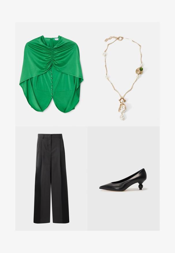 Zaļa blūze ar drapētu dizainu, kurai ir saburzīts audums pie kakla, priekšpuses slēdzams ar spiedpogu un plūstošas piedurknes.; Melni platajā kājās bikses ar augsto jostasvietu, kas ar priekšējiem krokām, gludu tekstūru un pielāgotu apdari. Veidotas relaksētai piegrieztei.; Melnas ādas augstpapēžu kurpes ar smailu purngalu un apaļu papēdi. Gluda tekstūra ar elegantu, minimālistisku dizainu.; Zelta tonis kaklarota ar savirpinātām saistēm, baltām pērlem un zaļa akmens akcentu. Izceļas ar sarežģītām detaļām un aizdari, lai nostiprinātu.