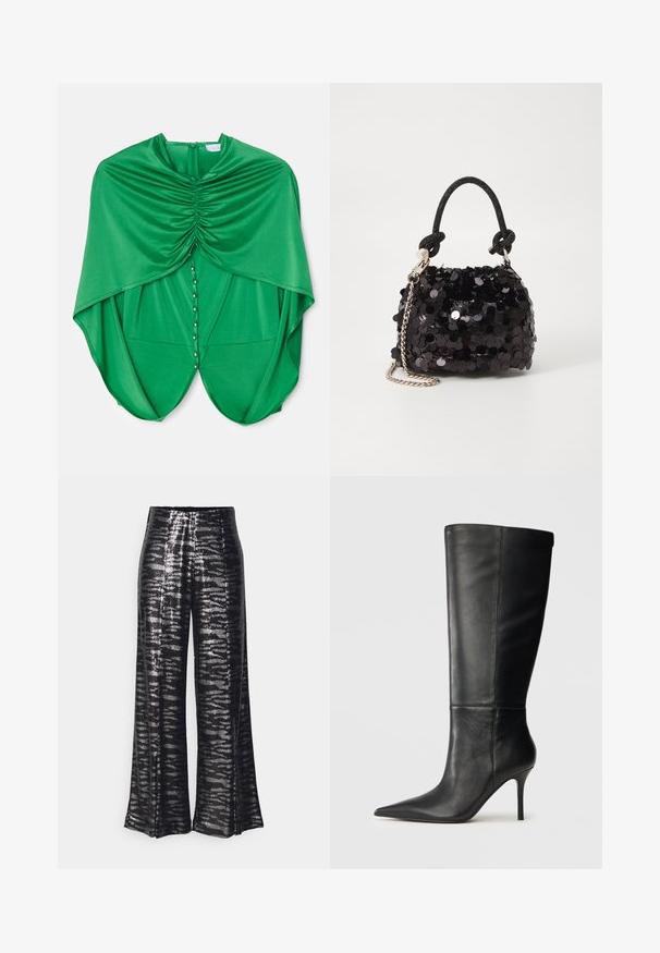 Zielona bluzka z drapowanym wzorem, z marszczonym materiałem przy dekolcie, zapięcie na zatrzask z przodu i zwiewnymi rękawami.; Czarne spodnie z szerokimi nogawkami o błyszczącej fakturze z cekinami i falistym wzorem. Wysoki stan, zwiewna sylwetka i gładkie wykończenie.; Czarne skórzane kozaki do kolan z ostrym noskiem i cienkim obcasem typu stiletto, o gładkiej fakturze, przedstawione z boku na neutralnym tle.; Czarna mini torebka z cekinami, z węzłowym, teksturowanym paskiem i srebrnym łańcuchem. O zaokrąglonym kształcie z marszczoną górą i refleksyjnymi detalami.