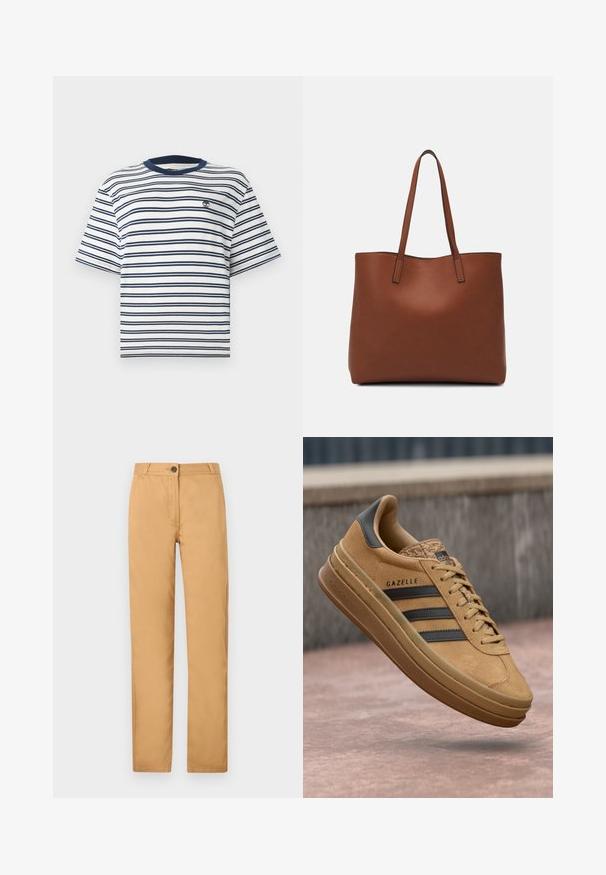 Tricou cu mânecă scurtă, cu dungi, alb și bleumarin. Prezintă un guler rotund cu tiv bleumarin și un mic logo brodat pe piept.; Chino de culoare bej deschis, cu un design drept, închidere cu nasture și buzunare laterale. Materialul este neted cu un finisaj mat.; Sneakers din suede de nuanță bej, cu o textură netedă, prezentând trei dungi întunecate, un vârf rotunjit și o talpă mai groasă cu un margine patterned.; Geantă de umăr din piele maro cu o textură netedă, design cu vârf deschis și două curele pentru umăr. Prezintă cusături minime și fără componente metalice vizibile.