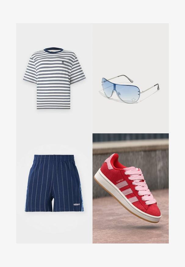 Prúžkované tričko s krátkym rukávom v bielej a námorníckej farbe. Má okrúhly výstrih s námorníckym rebrovaným lemovaním a malé vyšívané logo na hrudi.; Námornícke modré šortky s bielymi pruhmi, elastický pás a logo Adidas. Obsahujú modré akcenty po stranách, vyrobené z bavlneného zmesi.; Červené semišové tenisky s ružovými akcentmi, vybavené tromi bielymi pruhmi a svetloružovými šnúrkami. Biely stredný diel a podrážka z hnedého gumy.; Pilotné slnečné okuliare s prechodovým modrým sklom, strieborným kovovým rámom a ozdobnými hviezdičkovými akcentmi na sklách. Hladký a elegantný dizajn.