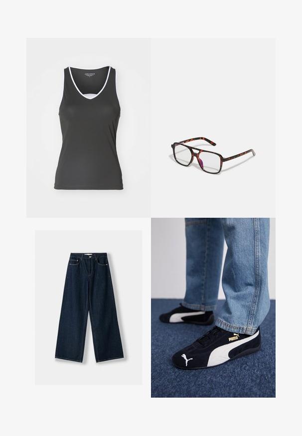 Svart linne med v-ringning och utskärningsdetalj. Har vita detaljer längs halslinningen och ärmhålen. Tillverkat av ett mjukt, stretchigt tyg.; Mörkblå, vida jeans i denim. Har fem fickor, knapp- och dragkedjestängning samt kontrasterande sömmar.; Svarta mockaskor med vita detaljer, med en gyllene logotyp. Bärs med ljusblå denimjeans och placerade på en texturerad blå yta.; Sköldpaddsfläckiga glasögon med rektangulära linser, svarta och orange bågar, med en blank yta och smala skalmar.