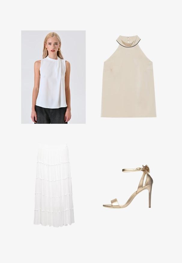Weiße ärmellose Bluse mit hohem Kragen und drapiertem Akzent. Hergestellt aus einem glatten, leichten Stoff, mit einem lockeren Schnitt.; Beige ärmelloses Halsbandoberteil aus glattem Stoff mit hohem Kragen und einem Reißverschluss auf der Rückseite, das ein minimalistisches Design ohne sichtbare Muster aufweist.; Weiße, gestufte Rock aus leichtem Stoff, mit einem dehnbaren Bund, Rüschenschichten und einem fließenden Design, das bis zur Mitte der Wade reicht.; Goldfarbene metallische High-Heel-Sandale mit dünnem Knöchelriemen, offenem Zehenbereich und glatter Textur. Mit einer zarten Schleifenakzent am Absatz.