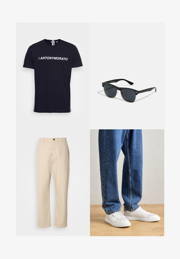 Antony Morato SLIM FIT WITH RUBBER INJIECTION - T-shirt estampada - ink blu; Calças de algodão bege com pernas retas, fecho frontal com botão, bolsos laterais e uma textura suave. Design minimalista, sem padrões visíveis.; Sapatilhas brancas com sola de borracha, detalhes perfurados nas laterais, combinadas com jeans de ganga azul claro e folgados, sobre um piso de madeira.; Óculos de sol pretos com forma retangular, lentes escuras, detalhes em prata nas hastes e um acabamento mate na armação.