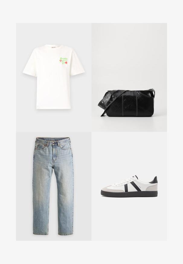 T-shirt en coton blanc avec des broderies florales vertes et rouges sur la poitrine gauche, accompagnées du texte "Brooklyn NYC Florist". Coupe classique.; Jean en denim bleu clair à taille haute, avec bouton avant, fermeture éclair et design à cinq poches, posé à plat sur un fond neutre.; Baskets blanches avec des accents noirs et gris, présentant un embout texturé gris, une semelle en caoutchouc noir et des lacets plats blancs. Design épuré, style minimaliste.; Sac à épaule en cuir noir avec une fermeture éclair, doté d'un corps texturé, de coutures blanches et d'une sangle avec des œillets en argent.