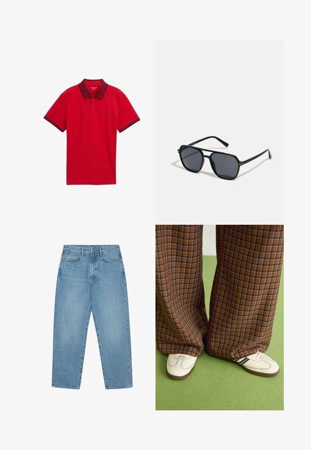 Rdeča polo majica s kratkimi rokavi, temnim ovratnikom in roba rokavov, dvobutonsko zapiranje ter majhnim logotipom na prsih.; Svijetloplavi traper široki traperice s visokim strukom, s pet džepova, petljama za remen i mekom, pomalo izblijedjelom teksturom.; Rjave in modre kariraste hlače širokih nogavic, v kombinaciji z belimi čevlji, ki imajo črne poudarke in teksturirane podplate, na zeleni podlagi.; Črne sončne naočniki z oktagonalnim okvirjem, temnimi lečami, sijočo površino, tankimi nogicami in zlatimi detajli spredaj.