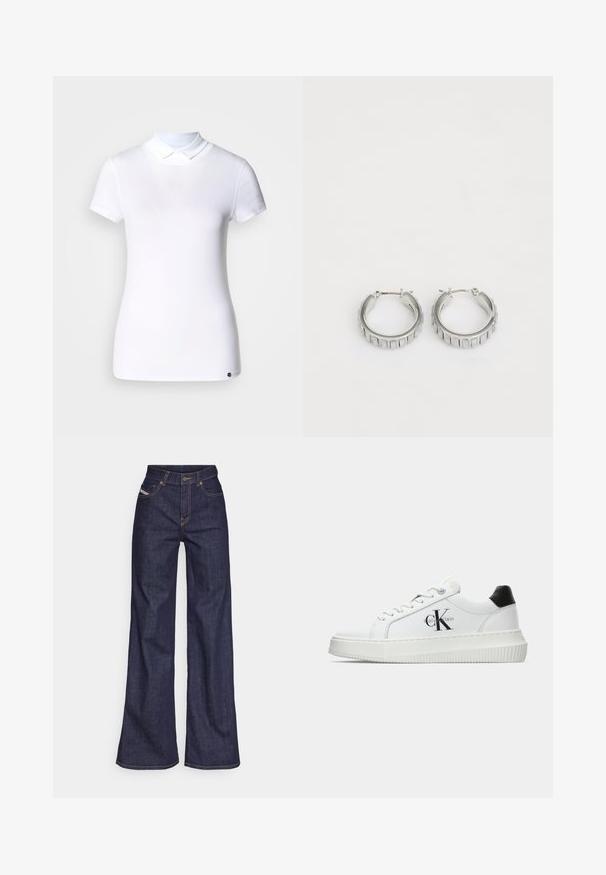 White cotton short-sleeve polo shirt with a classic collar; features a small logo detail on the lower left side. Smooth texture.; Dark blue wide-leg jeans in denim fabric with a high waist, featuring orange stitching, five-pocket design, and a button closure.; White low-top sneaker with black heel tab, platform sole, laces, and Calvin Klein "CK" logo on the side.; Silver hoop earrings with a textured design featuring vertical ridges. Circular shape with a secure latch closure. Smooth finish.