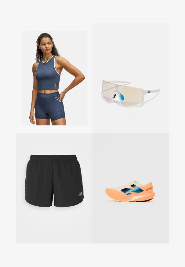 Mornarsko modra športna kratka majica z zadrgo in belimi detajli, v kombinaciji z visokim pasom hlačami, ki imajo stransko žepek in usklajene podrobnosti.; Črne atletske kratke hlače z elastičnim pasom, izdelane iz lahkotnega materiala. Na spodnjem desnem delu se nahaja majhna siva oznaka.; Tekšča za tek z lahkotnim kremnim zgornjim delom, modrim logotipom in oranžnimi poudarki na podplatu. Mrežasta tekstura za zračnost.; Sončne naočale s belim okviru in velikimi, gradientnimi lečami, ki prehajajo iz roza v svetlo oranžno, ter z modrim nosnim delom in logotipom.