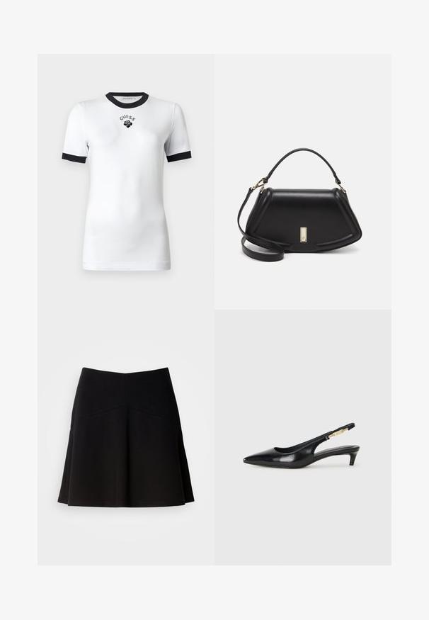White short-sleeve t-shirt with black collar and cuffs, featuring "GUESS" text and rose graphic on the chest.; Black flared skirt made from soft fabric, featuring a fitted waistband and seam detailing. Smooth texture with a simple, classic design.; Black leather slingback heels with a pointed toe, featuring a slim heel and a gold-tone accent on the adjustable strap. Smooth texture.; Black leather handbag with a structured design, featuring a cropped shape, top handle, and gold hardware accent. Adjustable shoulder strap included.