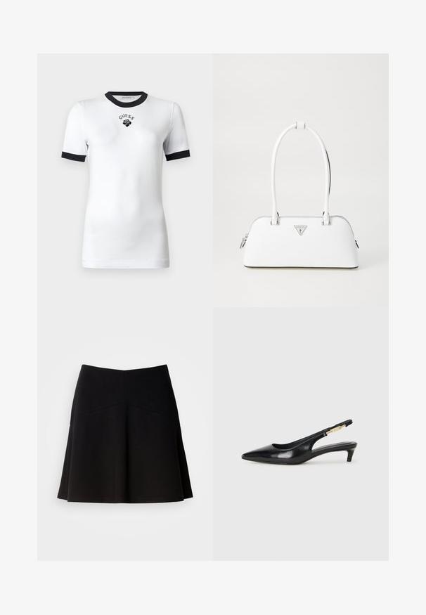 Bela majica s kratkimi rokavi in črnim ovratnikom ter manšeti, z napisom "GUESS" in grafiko vrtnice na prsih.; Črna široka krila, izdelana iz mehkega blaga, z oprijetim pasom in šivi. Gladka tekstura z enostavnim, klasičnim dizajnom.; Črne usnjene sandale na peto z ostro konico, ki imajo tanko peto in zlat ton na nastavljivem traku. Gladka tekstura.; Bela usnjena torba s ukrivljeno obliko, ki ima srebrni trikotni logo in zadrgo. Gladka tekstura in dvojni ročaji.