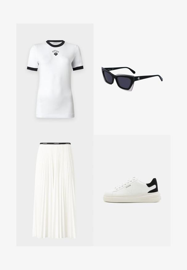 Bílý krátký rukáv tričko s černým límcem a manžetami, s textem "GUESS" a grafikou růže na hrudi.; Záhybová bílá sukně s černým elastickým pasem s logem "LACOSTE". Suška je střední délky a má jemnou texturu.; Bílé kožené tenisky s tlustou bílou podrážkou, černým semišovým akcentem na patě a vyraženým logem na boku. Šněrovací design se šesti očka.; Černé oversized sluneční brýle geometrického tvaru, s tmavými skly a kontrastním šedým detailem na rámu. Logo na rameni.