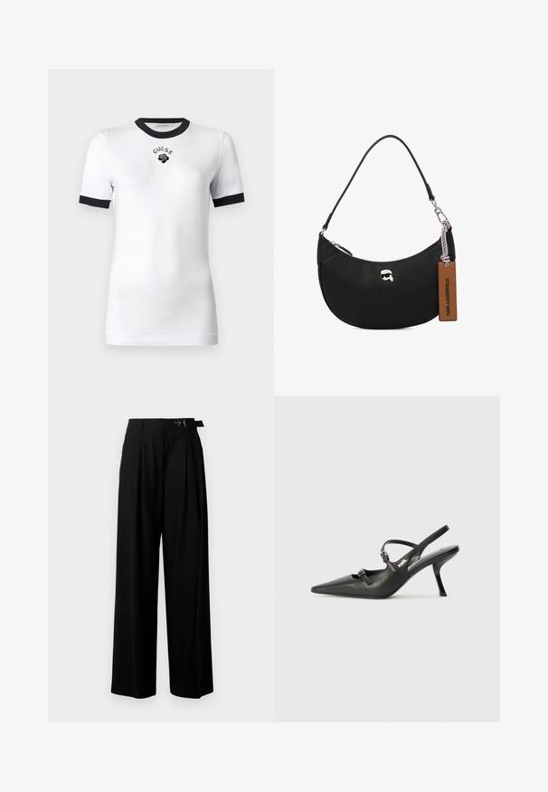 Camiseta blanca de manga corta con cuello y puños negros, con el texto "GUESS" y un gráfico de rosa en el pecho.; Pantalones de pierna ancha negros con cintura alta, pliegues en la parte delantera y un cinturón con hebilla. Confeccionados con una tela suave y liviana.; Tacones slingback de cuero negro con punta afilada, tacón delgado y detalle decorativo de hebilla en la parte superior. Textura suave y diseño elegante.; Bolso de mano de cuero negro con textura granulada, forma curvada, cierre superior con cremallera, herrajes plateados y una etiqueta marrón. Presenta un acento con el logotipo.