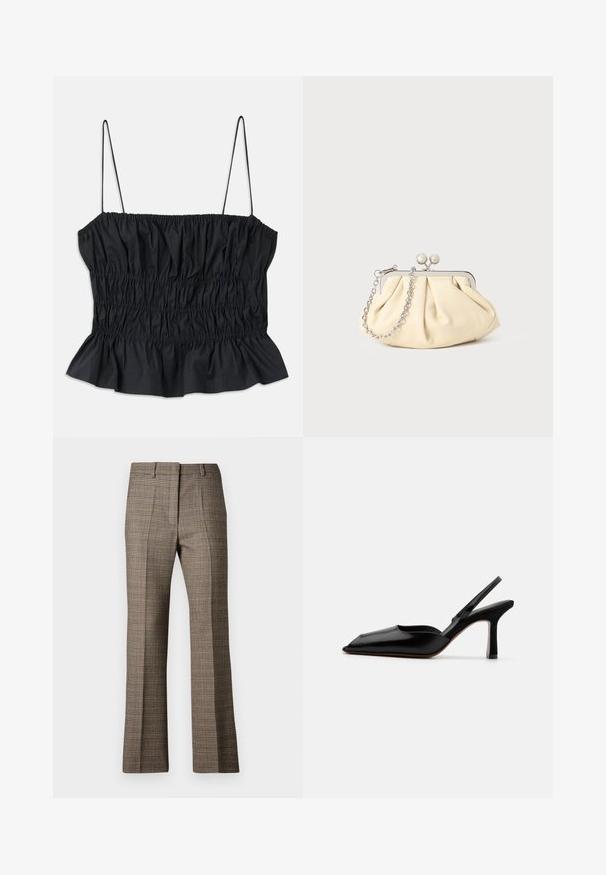 Juodas trumpas topas su elastinga surišimo apdaila, plonomis reguliuojamomis petnešomis ir volango apdaila; pagamintas iš lygaus audinio.; Rudi dryžuoti kelniai su tiesia kojų forma, pasižymintys tekstūruota medžiaga ir subtiliomis smėlinėmis bei tamsiai rudos spalvos atspalviais rašte.; Juodas odinis slingback kulnas su smailiu nosiu, minimalizmo stilius, plonas kulkšnies dirželis ir elegantiškas stiletto kulnas. Lygus paviršius.; Plyšiniai smėlio spalvos odiniai rankinukai su sidabriniu metaliniu rėmu, turintys du apvalius dekoratyvinius užtrauktukus ir sidabrinę grandinėlę.