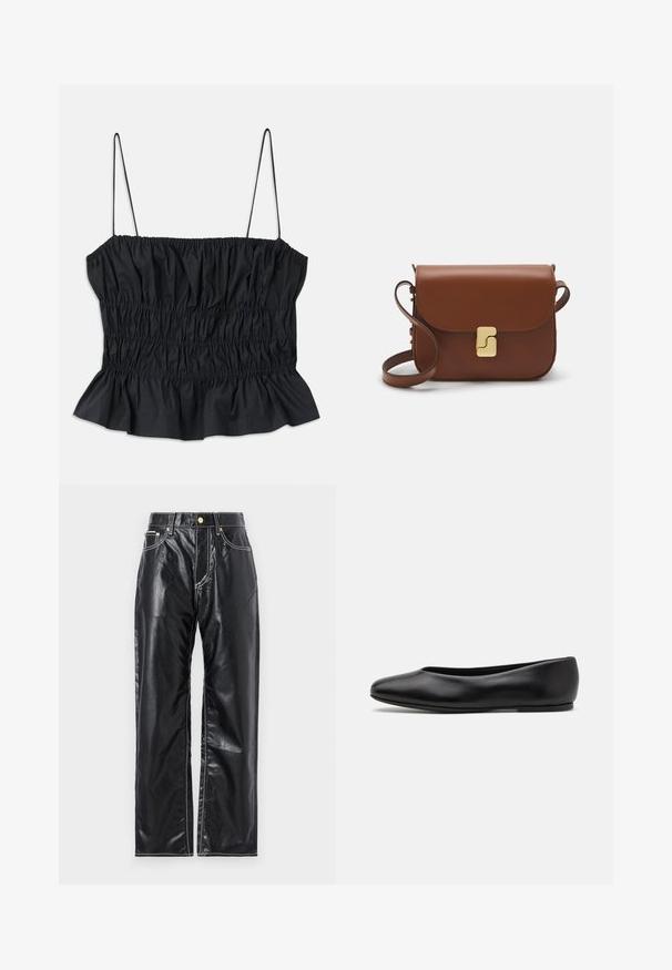 Black crop top featuring elastic ruching throughout, thin adjustable straps, and a ruffled hemline; made from a smooth textile.; Black faux leather pants with a wide-leg cut, featuring white stitching, front pockets, and a gold button at the waistband.; Paul Smith TOPANGA - Ballet pumps - black; Brown leather handbag with a flap closure, gold-tone hardware, a shoulder strap, and a smooth texture. Compact rectangular shape.