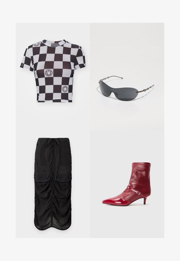 Musta-valge ruuduline lõikega crop top, millel on naerunäo ja logo graafika, lühikesed varrukad ja ümmargune kaelus. Valmistatud venivast kangast.; Mustmustelise seelik, mis on valmistatud kergest kangast. Omab kogutud detaile, kahte esiosa taskut ja reguleeritavat paelvööd.; Punane sünteetiline pahkluu saabas terava ninaga, läikiva viimistlusega ja kitsas konts. Omab rihma metallist klambriga ja venivat säärt.; Tumedate suletiga prillid, stiilne kõver kuju ja silmapaistvad lainelised metallkäed. Pind on sile ja peene matte viimistlusega.; Must mustril nahkainest käekott kolmnurkse kujuga, millel on ülemine tõmblukk ja reguleeritav rihm. Hõbedane logo "KARL LAGERFELD JEANS".