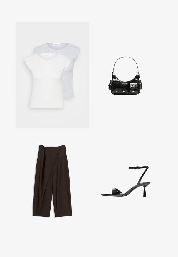 Dve prispôsobené tričká v bielej a svetlo sivej farbe. Obe majú krátke rukávy, okrúhly výstrih a rebrovanú textúru. Vyrobené z jemného materiálu.; Tmavohnedé široké nohavice s vysokým pásom, s jedným gombíkom a záhybmi vpredu. Vyrobené z ľahkej textílie.; Bershka Sandále na vysokom opätku - black; Čierna laková kožená kabelka s ohnutým tvarom, jedným ramenným popruhom, prednými vreckami a striebornými kovovými doplnkami.; Čierny živicový náramok s hladkým, lesklým povrchom a zaoblenými hranami. Na vnútorné strane sa nachádza malé zlaté logo "Pilgrim".