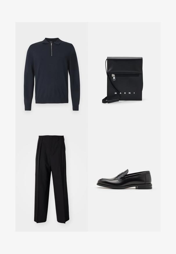 Jūrinis megztinis, pagamintas iš megztos medžiagos, su užtrauktuku apykaklėje, ilgomis rankovėmis ir priderintu galu. Paprastas, vientisos spalvos dizainas.; Juodi klostuoti kelnių, su tiesiu, plačiu kojų dizainu. Pagaminti iš lygios medžiagos, su mygtukų uždarymu ir diržo kilputėmis.; Juodos odinės loafers, turinčios lygų paviršių, apvalią noselę ir dekoratyvinę juostą per priekinę dalį. Žemas krentantis kulnas, minimalistinis dizainas.; Juodas odinis per petį nešiojamas krepšys su užtrauktuku ant priekio, iškilminiu logotipu ir reguliuojama juosta. Lygi tekstūra su struktūrizuota forma.