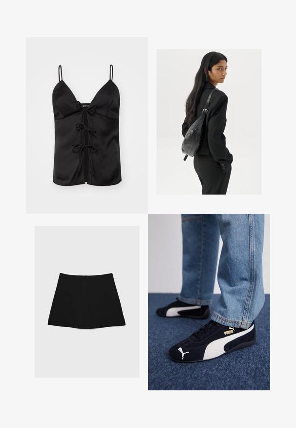 Črna satenasta top majica s tankimi naramnicami, V-izrezom in detajlom s sprednjim zavihanjem, ki vključuje zanke in osrednje odprtje. Gladka tekstura.; Črno mini krilo z gladko teksturo, v obliki črke A in s ukrivljenim robom. Ima zadrgo na hrbtni strani za zapiranje, brez dodatnih vzorcev ali okrasitev.; Črne nobučne superge z belimi detajli, ki imajo zlati logotip. Ujemajo se z svetlo modrimi kavbojkami in so postavljene na teksturirano modro površino.; Ženska z dolgimi temnimi lasmi, oblečena v črn kostim, nosi črno usnjeno torbo čez ramo in se ozira čez ramo proti beli podlagi.