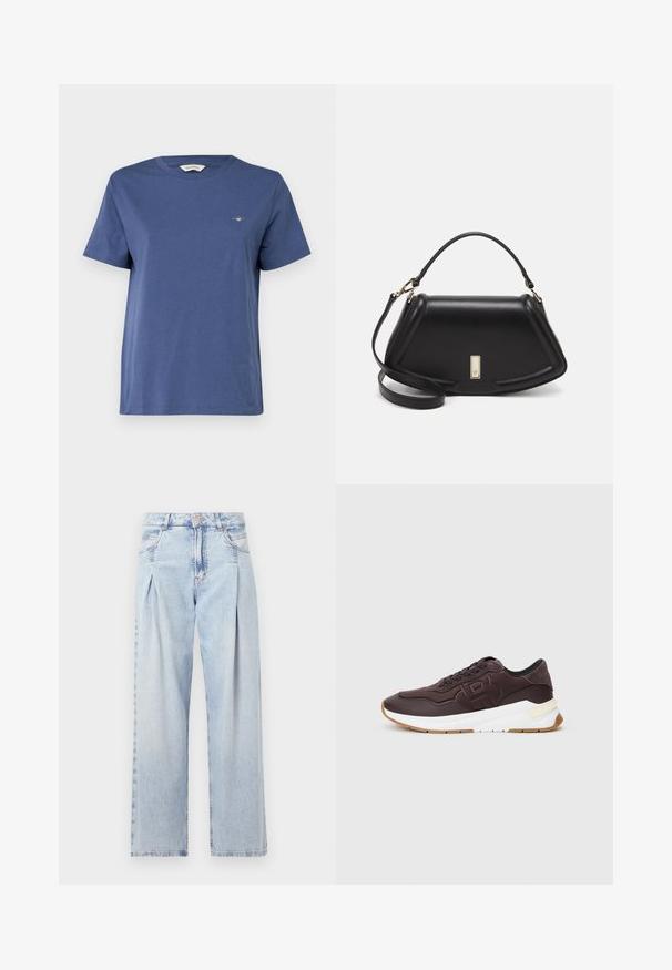 GANT PRINTED ARCHIVE SHIELD - T-shirt basic - dusty navy; Lichtblauwe denim jeans met een hoge taille, wijde pijpen, twee zijzakken en geplooid ontwerp. Zachte textuur met een vervaagd uiterlijk.; Donkerbruine sneaker met zwarte voering, verdiept logo op de zijkant, witte dikke zool en gumkleurige buitenzool op een effen achtergrond.; Zwarte leren handtas met een gestructureerd ontwerp, featuring een verkorte vorm, bovenhandvat en gouden hardwareaccent. Inclusief verstelbare schouderband.