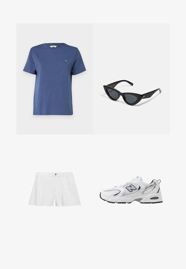 GANT PRINTED ARCHIVE SHIELD - T-shirt basic - dusty navy; Pantaloni corti in cotone bianco con vestibilità rilassata, dotati di tasche frontali, chiusura con bottone e cuciture piatte per una finitura liscia.; Scarpa sportiva bianca con tomaia in mesh, dettagli in blu marino e suola imbottita. Presenta il logo "N", lacci e dettaglio texturizzato sul lato.; Occhiali da sole a forma di occhio di gatto con una montatura in plastica nera lucida, lenti scure e dettagli in oro sulle tempie. Design angolare con linee eleganti.