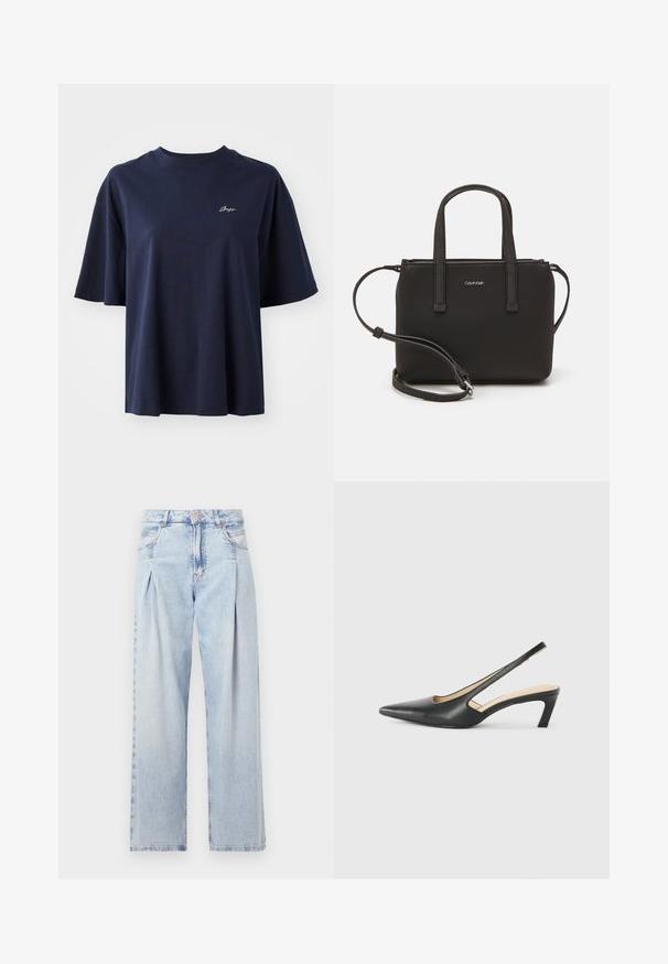 Navy zilgans, pārmērīgs kokvilnas T-krekls ar īsām piedurknēm un apaļo kakla izgriezumu, kuram ir mazs balts izšūts logotips uz krūtīm.; Gaiši zilas džinsu bikses ar augstu jostasvietu, plats kāju griezumu, divām sānu kabatām un krokotā dizaina akcentiem. Mīksta tekstūra ar izdilušu apdari.; Melna, ar smailu purngalu, slingback kurpe ar zemu papēdi, izgatavota no gludas ādas materiāla un ar izgriezumiem sānos gaisa caurlaidībai.; Melns roku soma ar divām īsām rokturiem un noņemamu plecu siksnu. Gluda ādas līdzīga materiāla ar rāvējslēdzēja aizdari un logos detaļu.