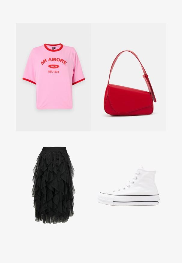 Rožinė medvilninė marškinė su trumpomis rankovėmis, raudona apykakle ir rankovių akcentais, ant kurių yra įspaustas tekstas "MI AMORE SPAIN EST. 1978" drąsiu raudonu šriftu.; Juodasis midijų sijonas, pagamintas iš sluoksniuoto tiulio su volančių dizainu. Yra elastinga juosmens juosta. Skaidri medžiaga suteikia tekstūrą ir judesį.; Balti aukštakulniai drobės sportbačiai su juodu guminio pado, priekinio guminio piršto dangteliu ir šešiais akytėmis raištams, pasižymintys švariu, minimalistiniu dizainu.; Raudona odinė rankinė su kampuota, geometrine forma. Pasižymi viena reguliuojama dirželiu ir dangteliu su siuvinėtais dekoracijomis.