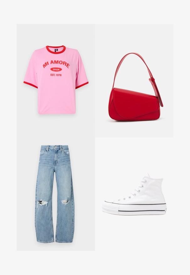 Roza bombažna majica s kratkimi rokavi, rdečim ovratnikom in poudarki na rokavih, vsebuje izpis "MI AMORE SPAIN EST. 1978" v poudarjenem rdečem besedilu.; Svijetloplave traperice visoki struk. Imaju široke nogavice, dva poderana područja na koljenima i klasičan petotoksi stil.; Beli visoki platneni športni čevelj z črnim gumijastim podplatom, sprednjim gumijastim zaščitnikom za prste in šestimi luknjicami za vezalke, ki se ponaša s preprostim, minimalističnim dizajnom.; Rdeča usnjena torba z angularnim, geometrijskim dizajnom. Ima en samostoječ nastavljiv ročaj in pokrov, zaprt z zapiranjem, ki je okrašen s šivi.