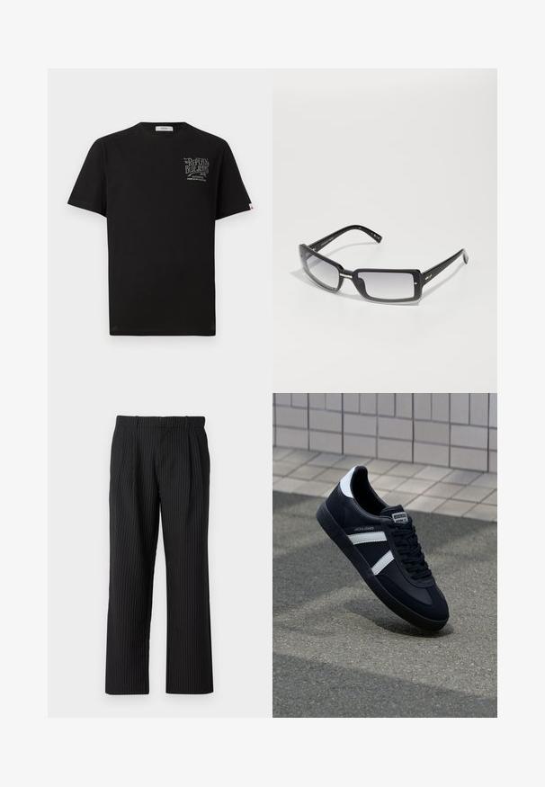 Melna kokvilnas t-kreklā ar īsām piedurknēm, apaļu kakla izgriezumu un pelēku grafisku apdruku uz krūšu. Ietver mazu zīmola birku uz sāna.; Jack & Jones JPSTBILL JJDAYTONA WIDE - Auduma bikses - black; Melnā ādas sporta apavi ar baltām svītrām, teksturēta gumijas zole un auklu aizdare. Iekļauj zīmola etiķeti uz mēles.; Melnas taisnstūra formas saulesbrilles ar gradienta lēcām, ar masīvu rāmīti un metāla akcentiem uz stariem. Gluda virsma visā.