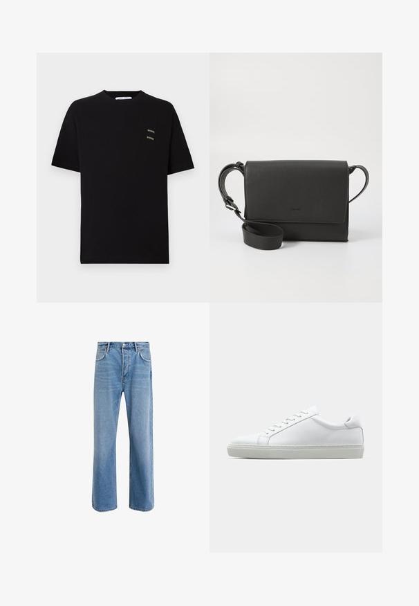 Čierne bavlnené tričko s krátkymi rukávmi a okrúhlym výstrihom, s dvoma malými vyšívanými logami "Samsøe" na ľavej strane hrudníka.; Svetlo modré denimové džínsy so strihom rovného nohu, päť vreciek, zapínanie na gombík, minimálne vyblednutie a kontrastné švy.; Biele tenisky s hladkým koženým zvrškom a nízkym profilom. Majú zaoblenú špičku, šesť očiek a štruktúrovanú gumovú podrážku.; Čierna kožená crossbody taška s textúrovaným povrchom, obdĺžnikového tvaru, so zakrývacím uzáverom, nastaviteľným popruhom a jemným logom.