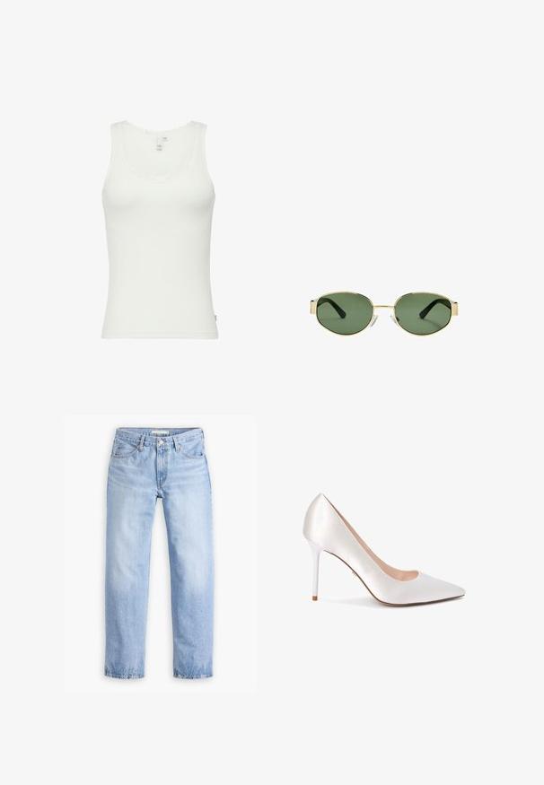 Weißes Tanktop aus geripptem Baumwollstoff, mit einem Wellenrand aus Spitze am Ausschnitt, taillierter Form und einem Etikett an der Seite mit Größenangaben.; Hellblaue Jeans aus Denim mit geradem Bein, fünf Taschen und einem mittelhohen Bund. Sie verfügen über eine ausgewaschene Textur und einen gesteppten Saum.; Spitz zulaufender High Heel in satinweißem Material, mit einer eleganten Silhouette und einem glänzenden weißen Stiletto-Absatz.; Sonnenbrille mit goldfarbenem Metallrahmen, grünen getönten Gläsern, ovaler Form, schwarzen Bügeln und klaren Nasenpads. Sauberes, minimalistisches Design.; Weiße Lederhandtasche mit einem goldfarbenen Verschluss, schwarzen Akzenten, einem abnehmbaren Schulterriemen und einem strukturierten Design mit Klappenverschluss.