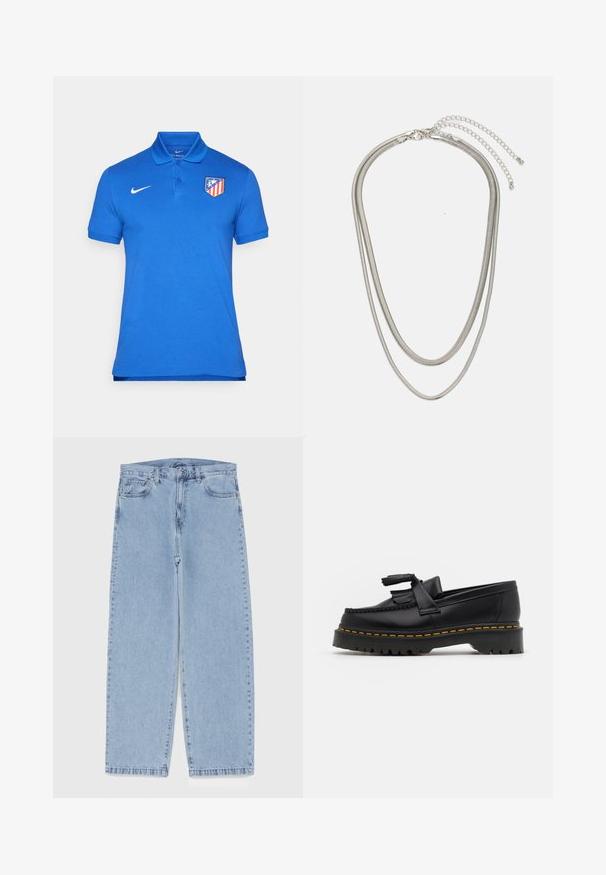 Camisa polo azul feita de algodão, com colarinho, presilha de três botões, mangas curtas e um logótipo de clube vermelho e amarelo no lado esquerdo do peito.; Jeans de denim azul claro com design de perna reta, apresentando uma cintura de altura média, cinco bolsos e um fecho de botão e zíper.; Mocassim de couro preto com um detalhe de franjas, apresentando uma sola preta robusta e costura amarela ao longo da borda. Acabamento texturizado.; Colar de metal prateado em três camadas, com correntes flexíveis e elegantes que possuem um leve brilho, fechado com um fecho de lagosta e corrente ajustável.