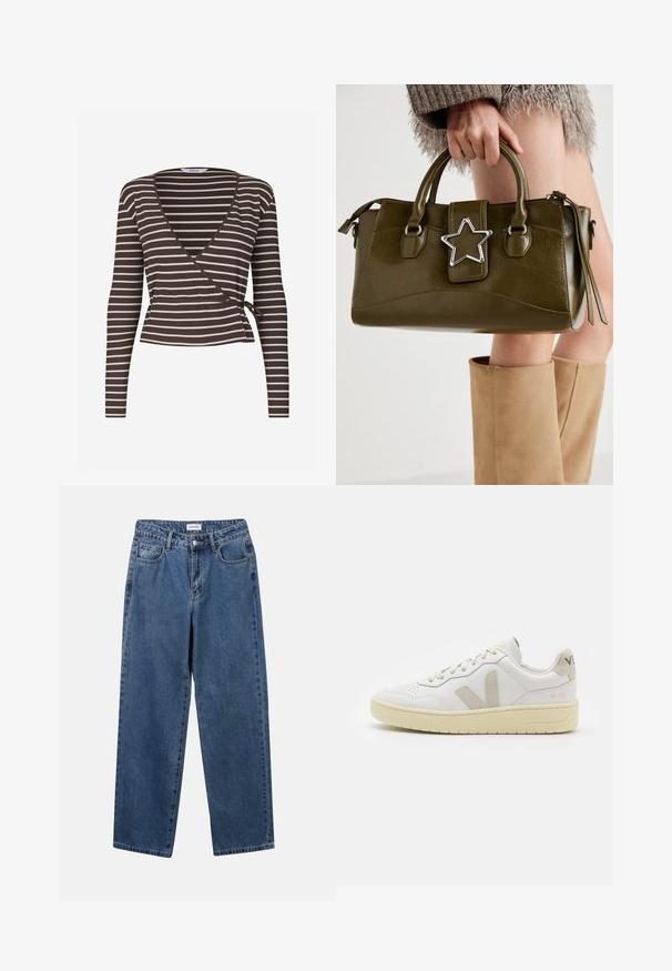 Braun-creme gestreiftes Wickeloberteil mit langen Ärmeln, tiefem V-Ausschnitt und Bindeband in der Taille, aus geripptem Stoff.; Klassische blaue Denim-Jeans mit geradem Bein, fünf Taschen und Knopfverschluss. Sie verfügen über eine mittelblau gewaschene Optik und sind aus robuster Textur.; Weiße Ledersneaker mit beigen Wildlederakzenten, perforierte Zehenbox, flache Schnürsenkel und eine strukturierte cremefarbene Sohle. Mit dezentem Branding an der Ferse.; Olivgrünes Kunstlederhandtasche mit silbernem Sternakzent, doppelten Griffen und einem Reißverschluss. Strukturierten Form und texturierten Oberfläche.