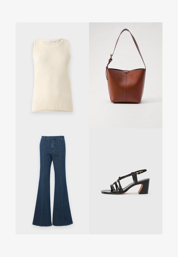 Sleeveless cream top with ribbed texture and round neckline. Fabric appears soft, with a fitted shape and no visible patterns or accents.; Denim flared pants in dark blue, with structured seams and a clean finish. Features a mid-rise waistband and wide, flowing legs.; Paul Smith AMIRA - Classic heels - black; Brown leather shoulder bag with a curved shape, smooth texture, and a single thin strap. Features a subtle seam and a small logo detail.