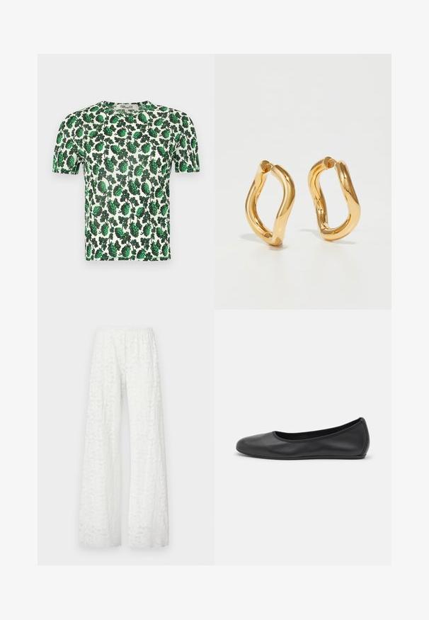 Top scurt cu mânecă verde, cu motive florale mari pe un fundal alb, realizat dintr-un material ușor și elastic.; Pantaloni albi cu croi larg, prevăzuți cu un brâu elastic, având un model texturat din dantelă florală pe întreaga suprafață a materialului.; Balerini din piele neagră, cu vârf rotund, textură netedă, detalii de cusătură minimale și un design al tălpii flexibil.; Cercei din aur cu un design curbat, neregulat și o textură netedă și lustruită. Fără accesorii sau elemente vizibile.
