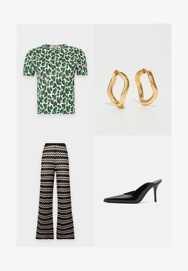 Zielona, kwiatowa bluzka z krótkim rękawem, ozdobiona dużymi liściastymi wzorami na białym tle, wykonana z lekkiego, elastycznego materiału.; Dzianinowe spodnie z rozszerzanymi nogawkami w wzór zygzak w kolorach czarnym, białym i brązowym. Posiadają teksturowane wykończenie i elastyczny pas.; Czarne lakierowane mule na wysokim obcasie z wąskim noskiem i elegancką sylwetką, charakteryzujące się otwartym tyłem i smukłym szpilką.; Złote kolczyki w kształcie obręczy o zakrzywionym, nieregularnym kształcie oraz gładkiej, wypolerowanej powierzchni. Brak widocznych elementów sprzętowych lub akcentów.