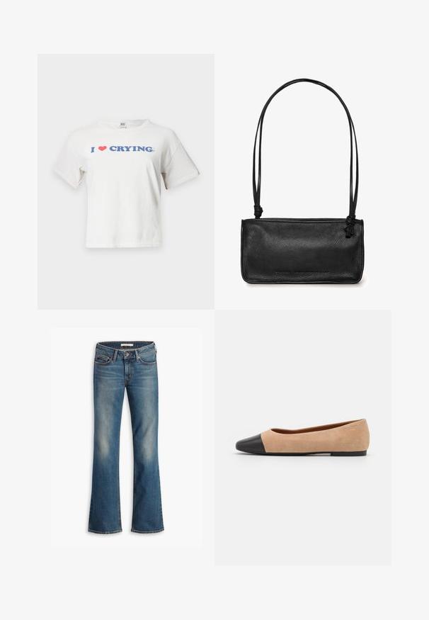 BDG Urban Outfitters - T-shirt z nadrukiem; Niebieskie dżinsy bootcut z pięcioma kieszeniami i zapięciem na guzik, z wyblakłymi miejscami na udach i kolanach.; Beżowe zamszowe baleriny z czarnym skórzanym okrągłym noskiem, niskim obcasem i gładką teksturą, charakteryzujące się minimalnym przeszyciem i prostym designem.; Czarna skórzana torba na ramię o gładkiej fakturze, prostokątnym kształcie i dwóch długich, cienkich paskach. Posiada subtelną markę z przodu.